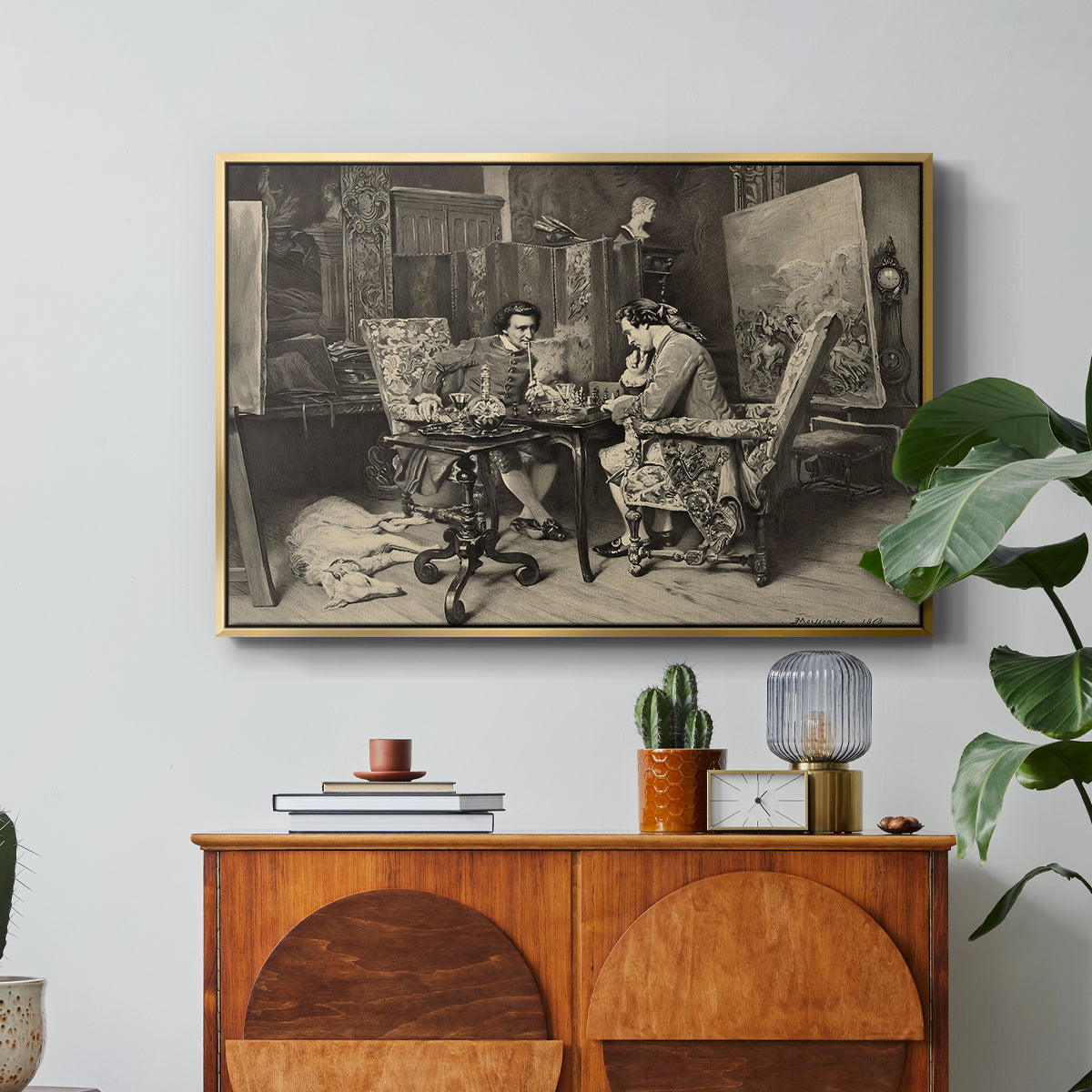 The Chess Players, 1858 by Ernest Meissonier in a gold floater framed canvas featuring two men seated at table playing chess in detailed interior setting, displayed above a wood console cabinet.