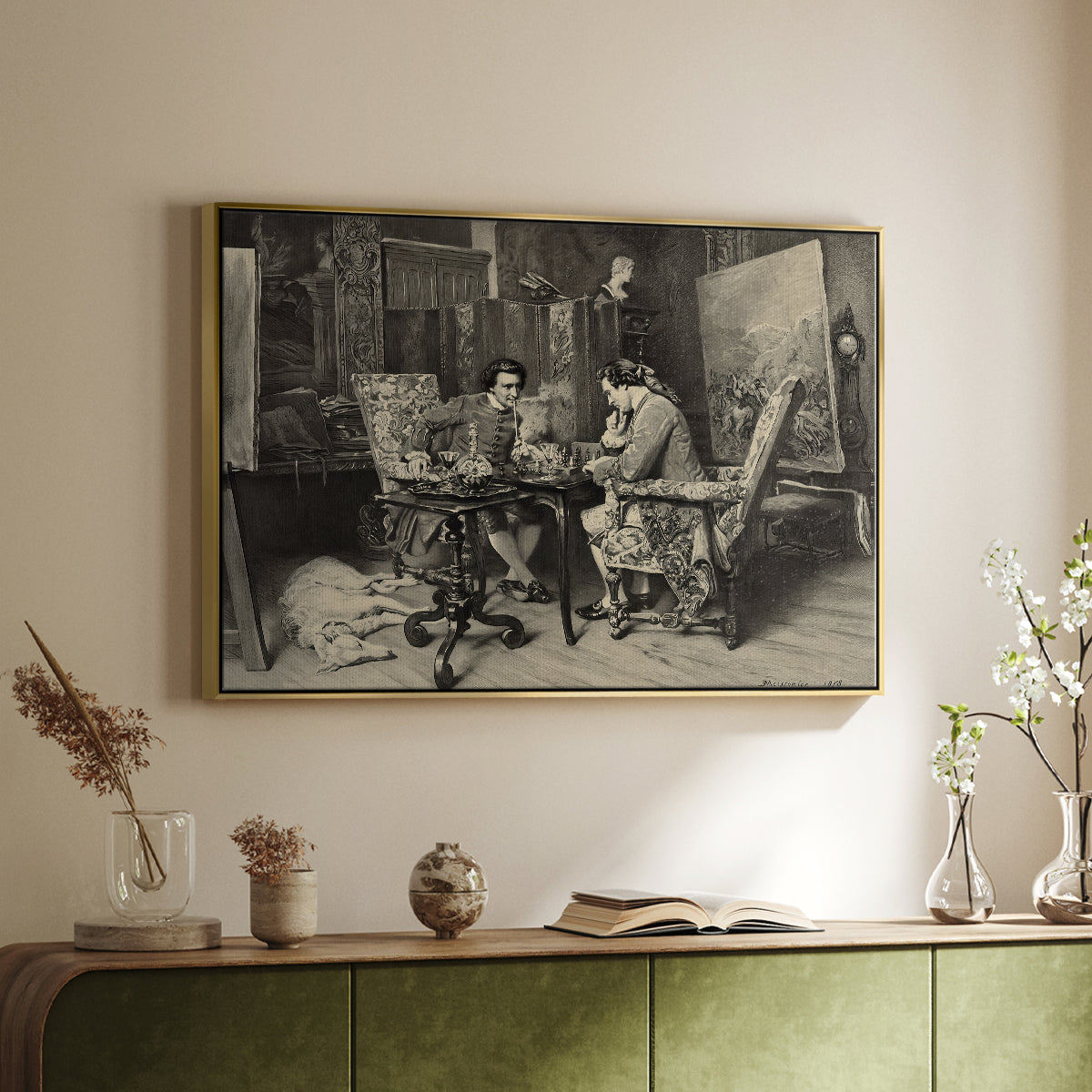 Gold floater framed canvas of The Chess Players, 1858 by Ernest Meissonier, featuring a realistic scene of figures concentrating on chess game indoors above a sideboard in a softly lit hallway.