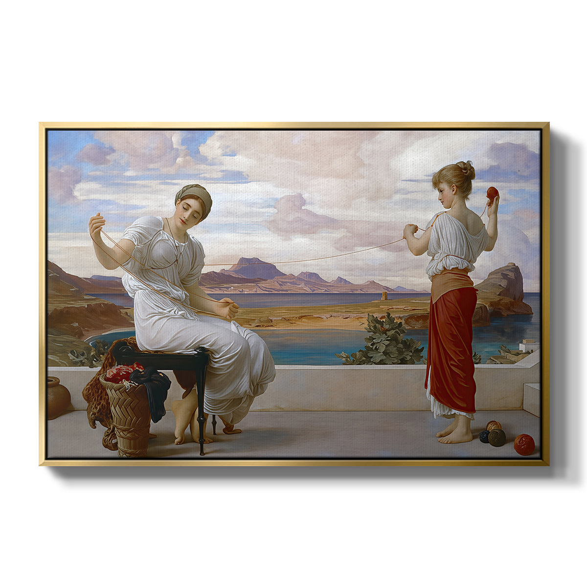 Winding the Skein, c. 1878 by Frederic Leighton in a gold floater framed canvas wall art display.