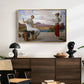 Winding the Skein, c. 1878 by Frederic Leighton displayed in a gold floater framed canvas above a dark wood credenza in an entryway.