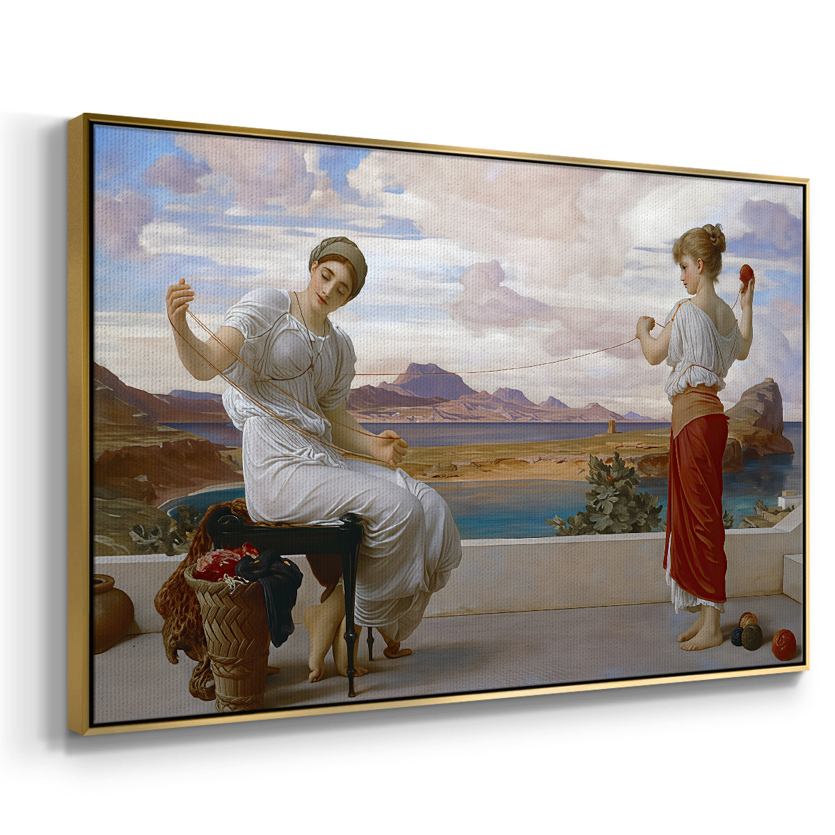 Angled view of Winding the Skein, c. 1878 by Frederic Leighton in a gold floater framed canvas.