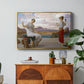 Winding the Skein, c. 1878 by Frederic Leighton in a gold floater framed canvas featuring a woman holding thread while another figure helps wind yarn in classical setting, displayed above a wood console cabinet.
