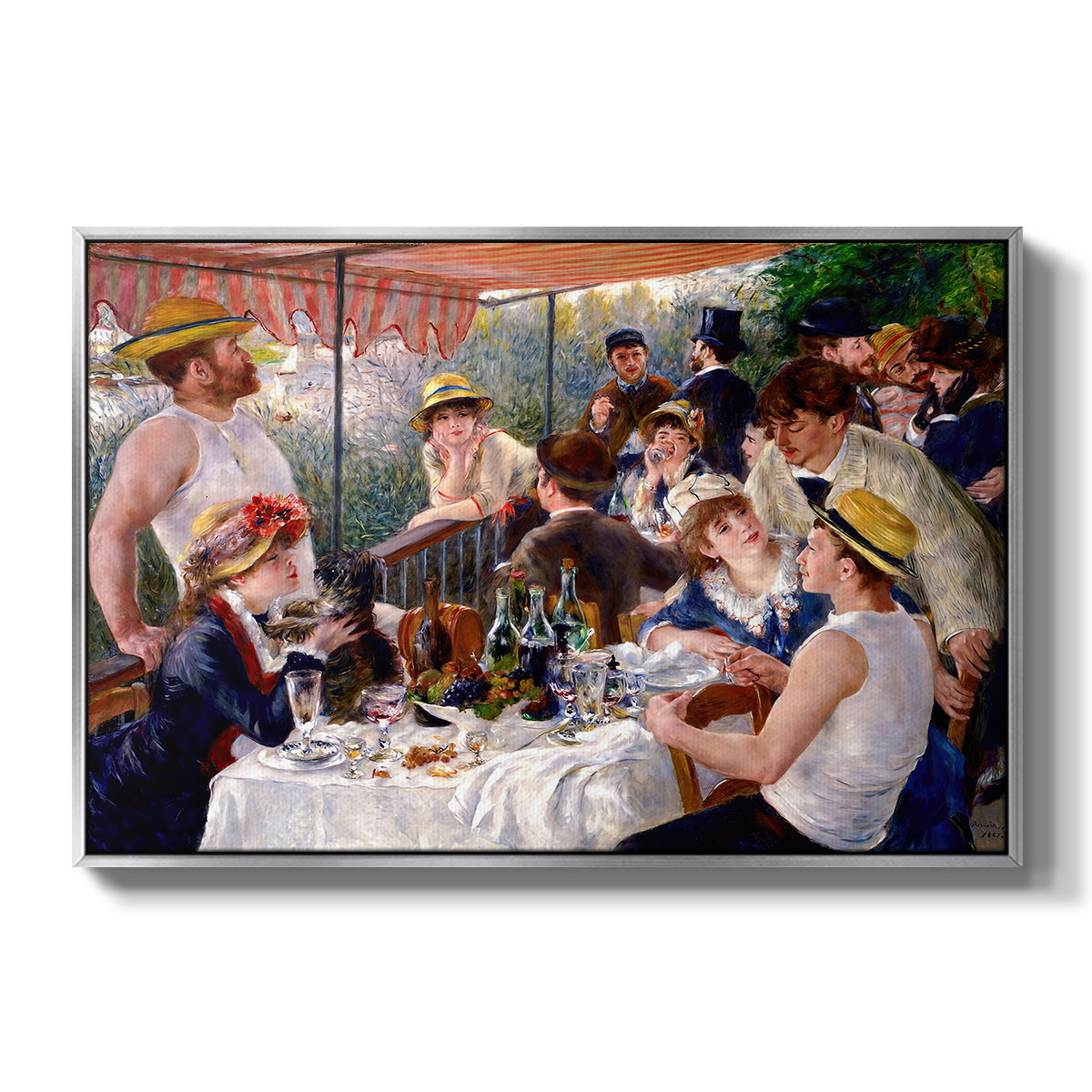 Luncheon of the Boating Party (Le Déjeuner des canotiers), 1880-1881 by Pierre-Auguste Renoir in a silver floater framed canvas wall art display.