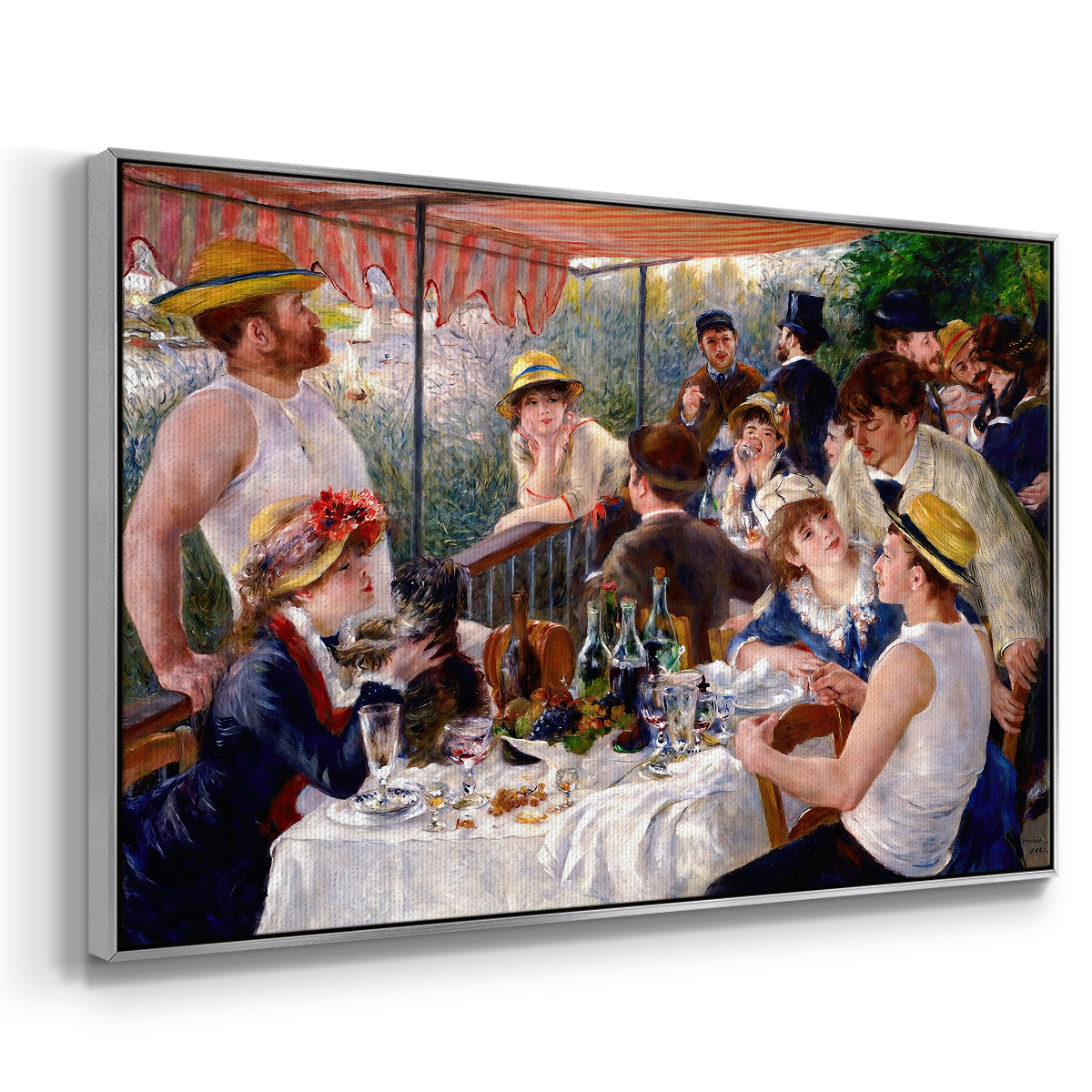 Angled view of Luncheon of the Boating Party (Le Déjeuner des canotiers), 1880-1881 by Pierre-Auguste Renoir in a silver floater framed canvas.