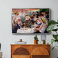 Luncheon of the Boating Party (Le Déjeuner des canotiers), 1880-1881 by Pierre-Auguste Renoir in a silver floater framed canvas featuring a group of elegantly dressed people dining together on a sunlit balcony overlooking the river, displayed above a wood console cabinet.