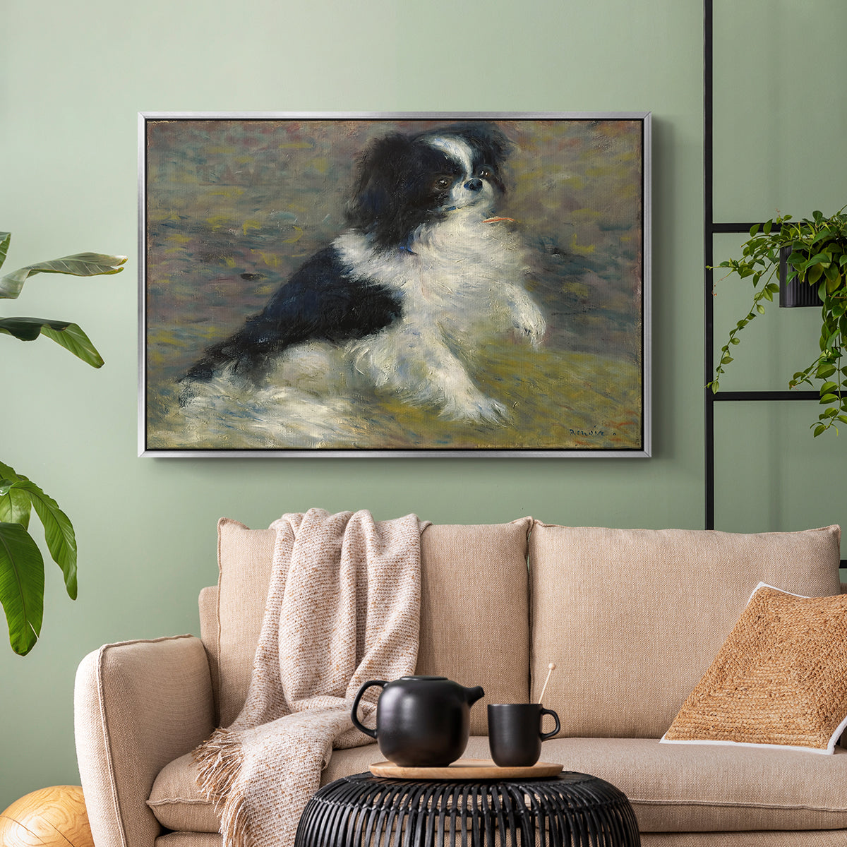 Silver floater framed canvas featuring an animal portrait of a dog in natural outdoor setting with soft light, displayed above a sofa in a modern living room.