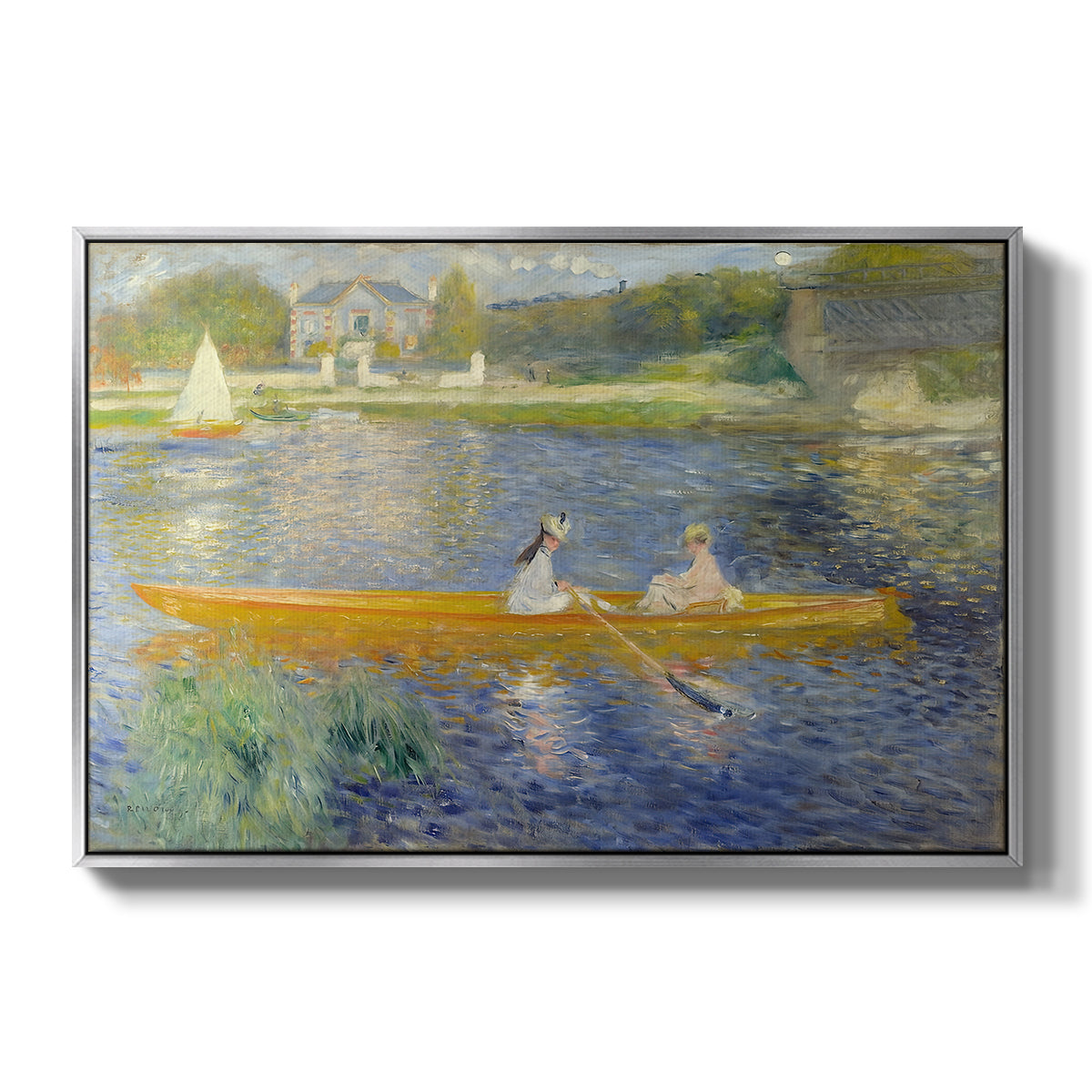 The Skiff (La Yole), 1875 by Pierre-Auguste Renoir in a silver floater framed canvas wall art display.