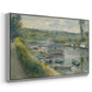 Angled view of Wash-House Boat at Bas-Meudon, c. 1874 by Pierre-Auguste Renoir in a silver floater framed canvas.