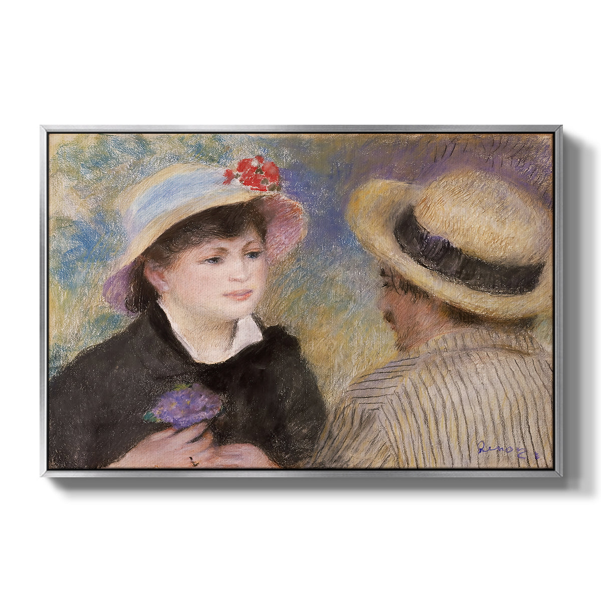 Boating Couple (Aline Charigot and Renoir), c. 1881 by Pierre-Auguste Renoir in a silver floater framed canvas wall art display.