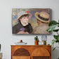 Boating Couple (Aline Charigot and Renoir), c. 1881 by Pierre-Auguste Renoir in a silver floater framed canvas featuring a close-up of a couple seated together outdoors with hats and soft sunlight, displayed above a wood console cabinet.