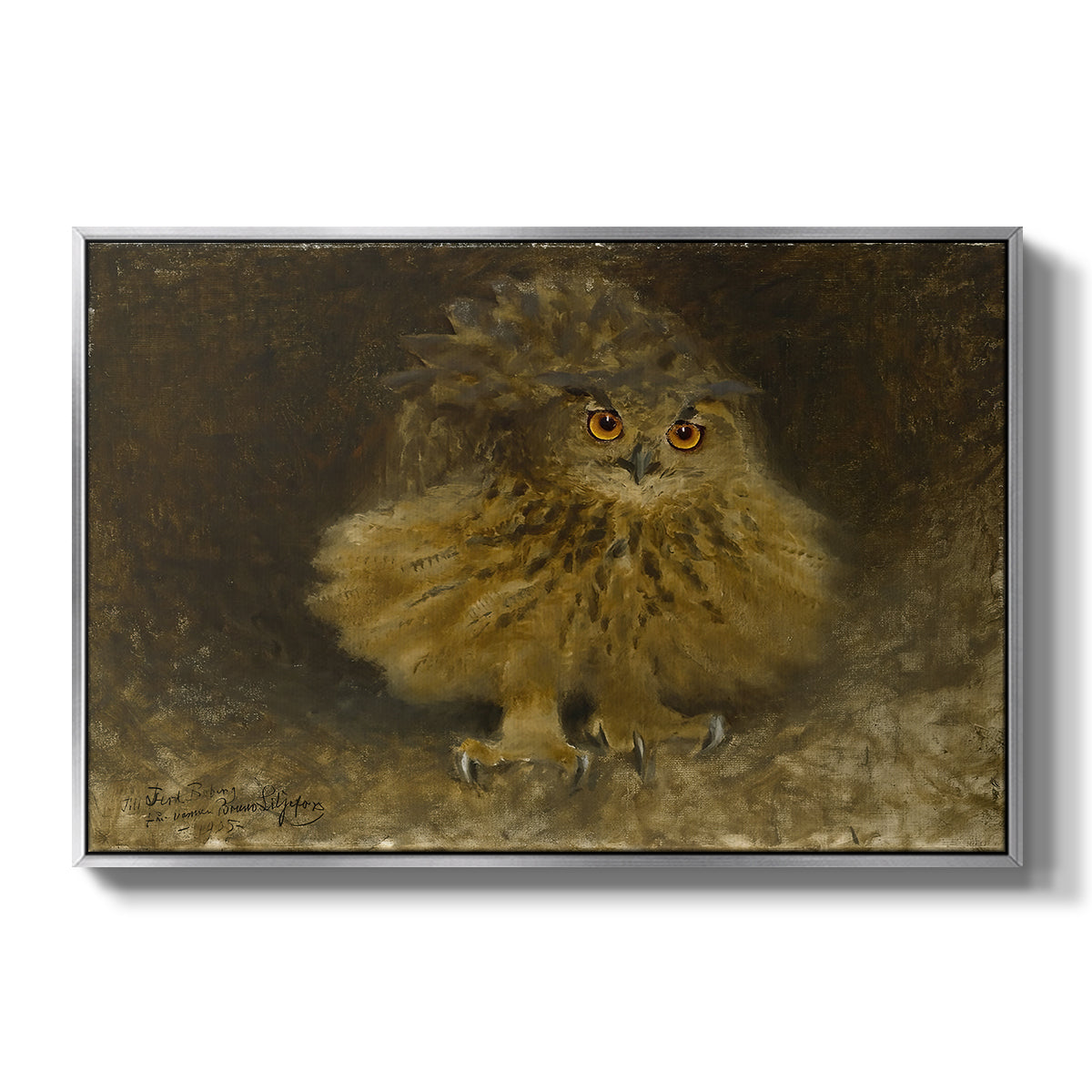 An Eagle Owl (Berguv), 1905 by Bruno Liljefors in a silver floater framed canvas wall art display.