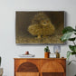 An Eagle Owl (Berguv), 1905 by Bruno Liljefors in a silver floater framed canvas featuring a large owl perched on branch in shadowy natural forest setting, displayed above a wood console cabinet.