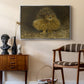 An Eagle Owl (Berguv), 1905 by Bruno Liljefors as a silver floater framed canvas featuring a bird of prey resting on tree branch with textured feathers, styled above a mid-century console in a contemporary living area.