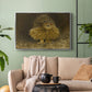 Silver floater framed canvas featuring a realistic depiction of owl camouflaged within woodland environment, displayed above a sofa in a modern living room.
