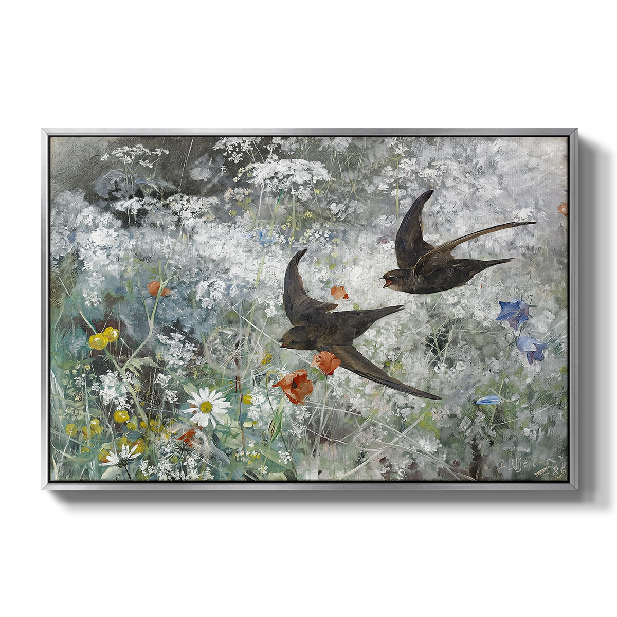 Common Swifts, 1886 by Bruno Liljefors in a silver floater framed canvas wall art display.