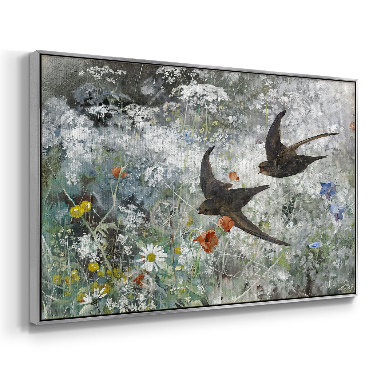 Angled view of Common Swifts, 1886 by Bruno Liljefors in a silver floater framed canvas.