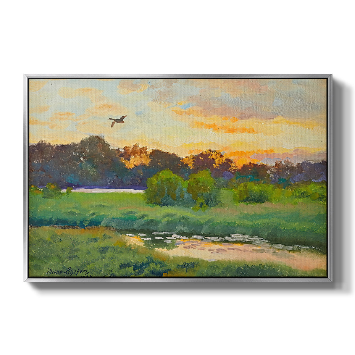 Flying Duck at Sunset, 1924 by Bruno Liljefors in a silver floater framed canvas wall art display.