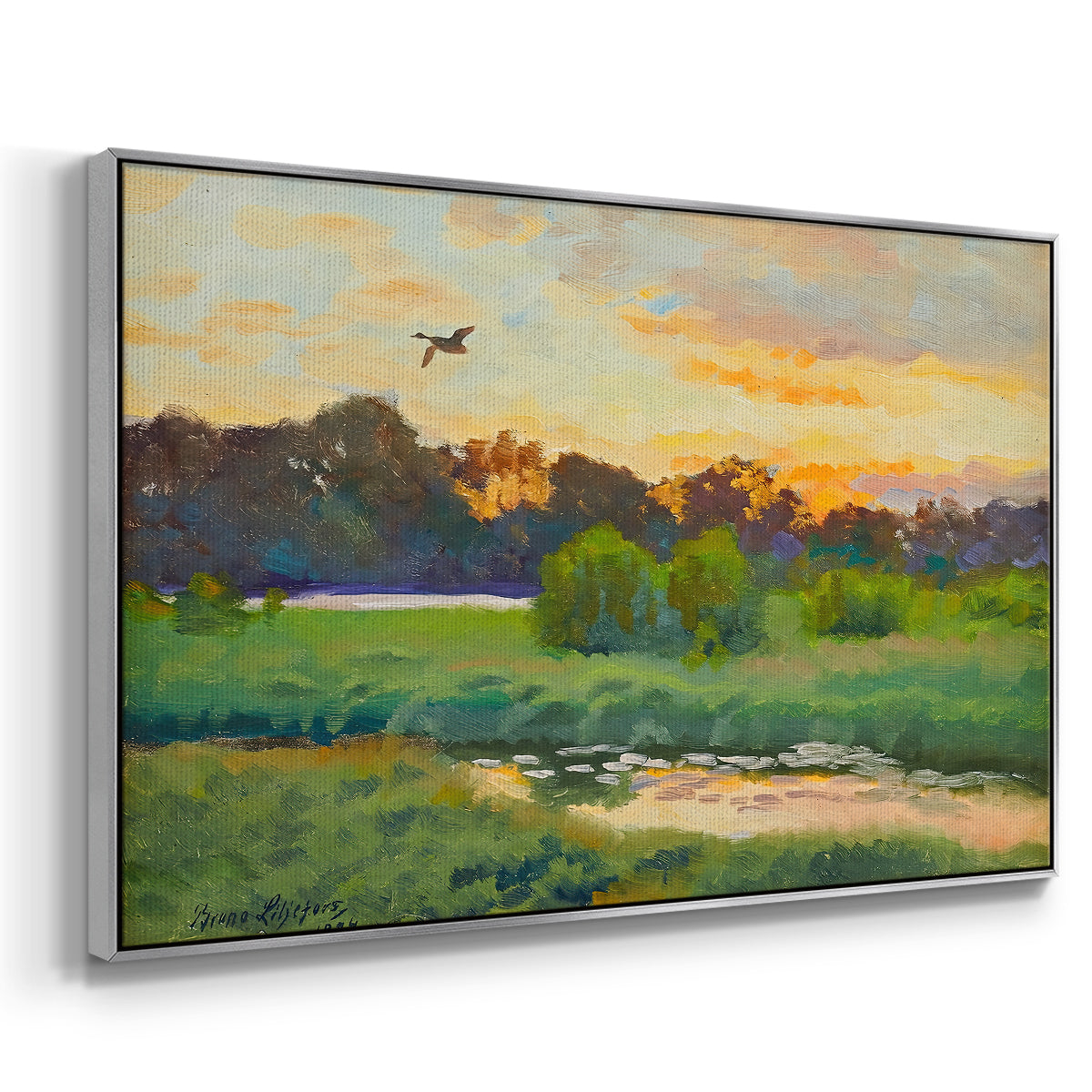 Angled view of Flying Duck at Sunset, 1924 by Bruno Liljefors in a silver floater framed canvas.