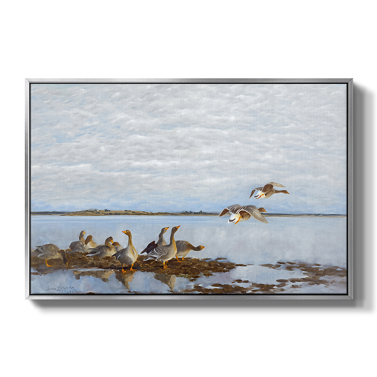 Greylag Geese (Grågäss), 1922 by Bruno Liljefors in a silver floater framed canvas wall art display.