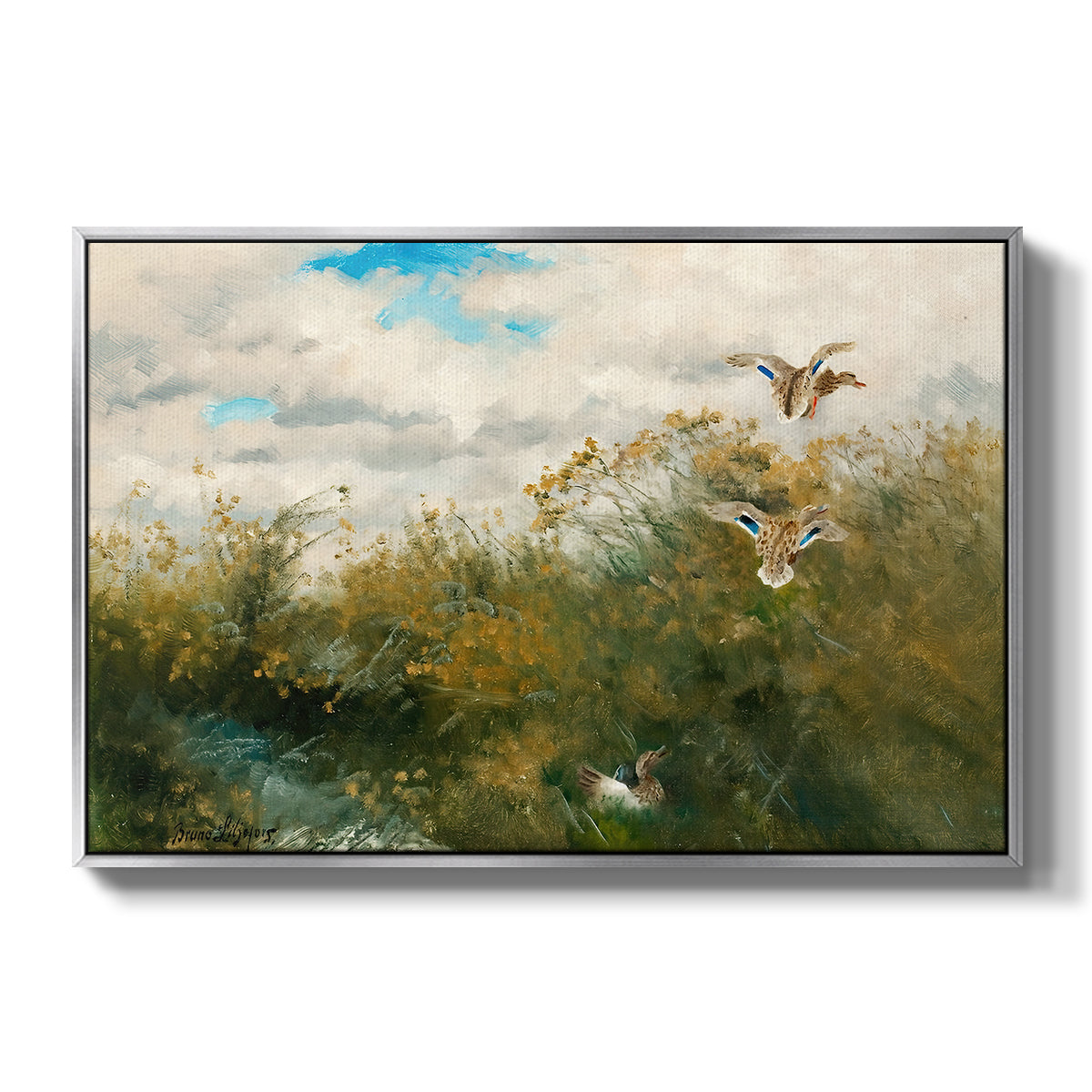 Wild Ducks (Grasänder), 1890 by Bruno Liljefors in a silver floater framed canvas wall art display.
