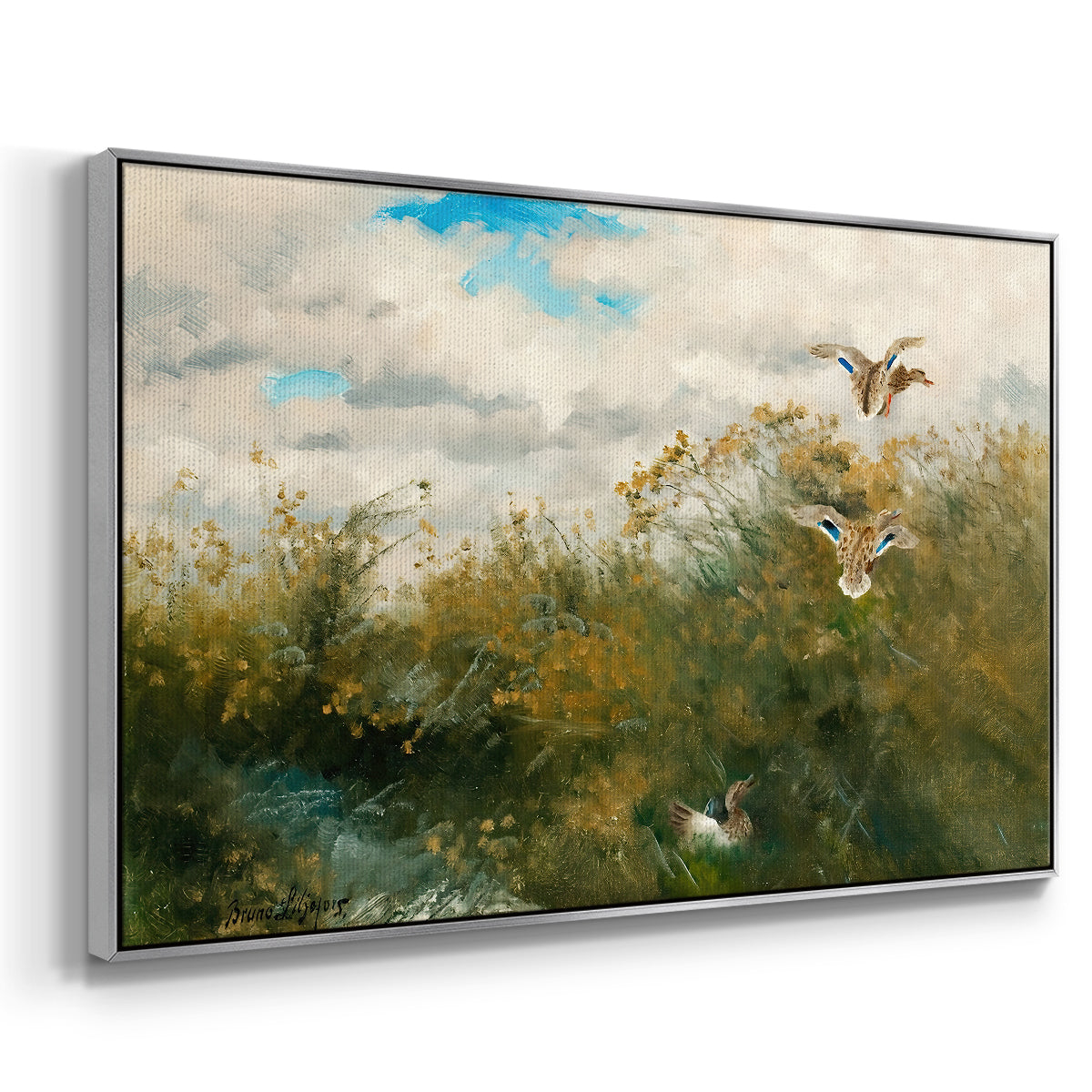 Angled view of Wild Ducks (Grasänder), 1890 by Bruno Liljefors in a silver floater framed canvas.