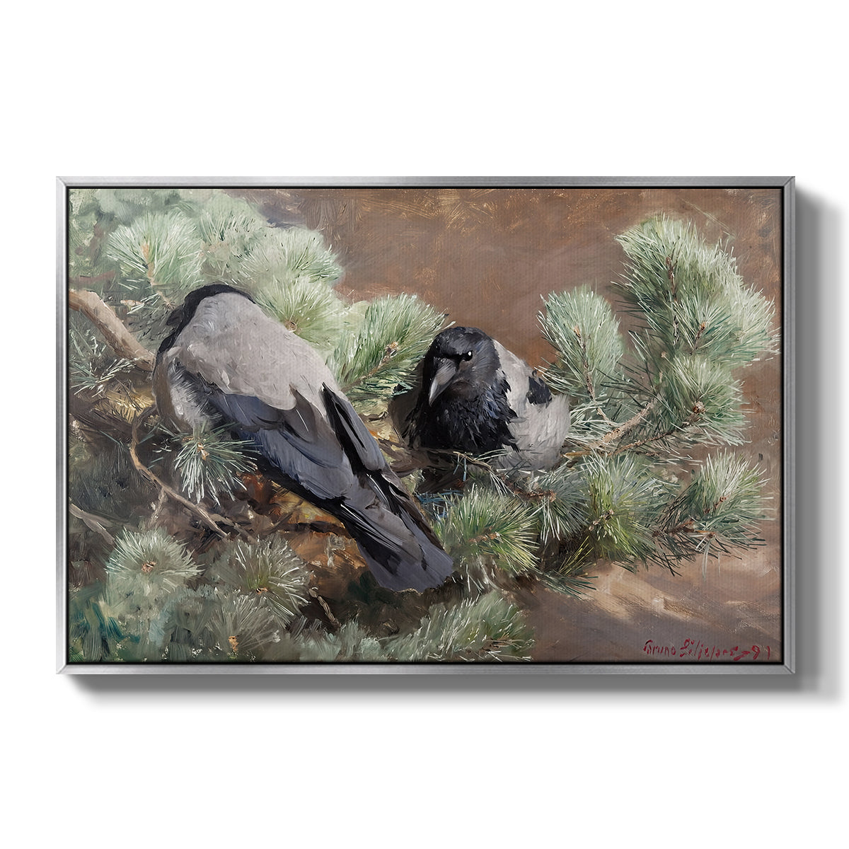 Hooded Crows (Kråkor), 1891 by Bruno Liljefors in a silver floater framed canvas wall art display.