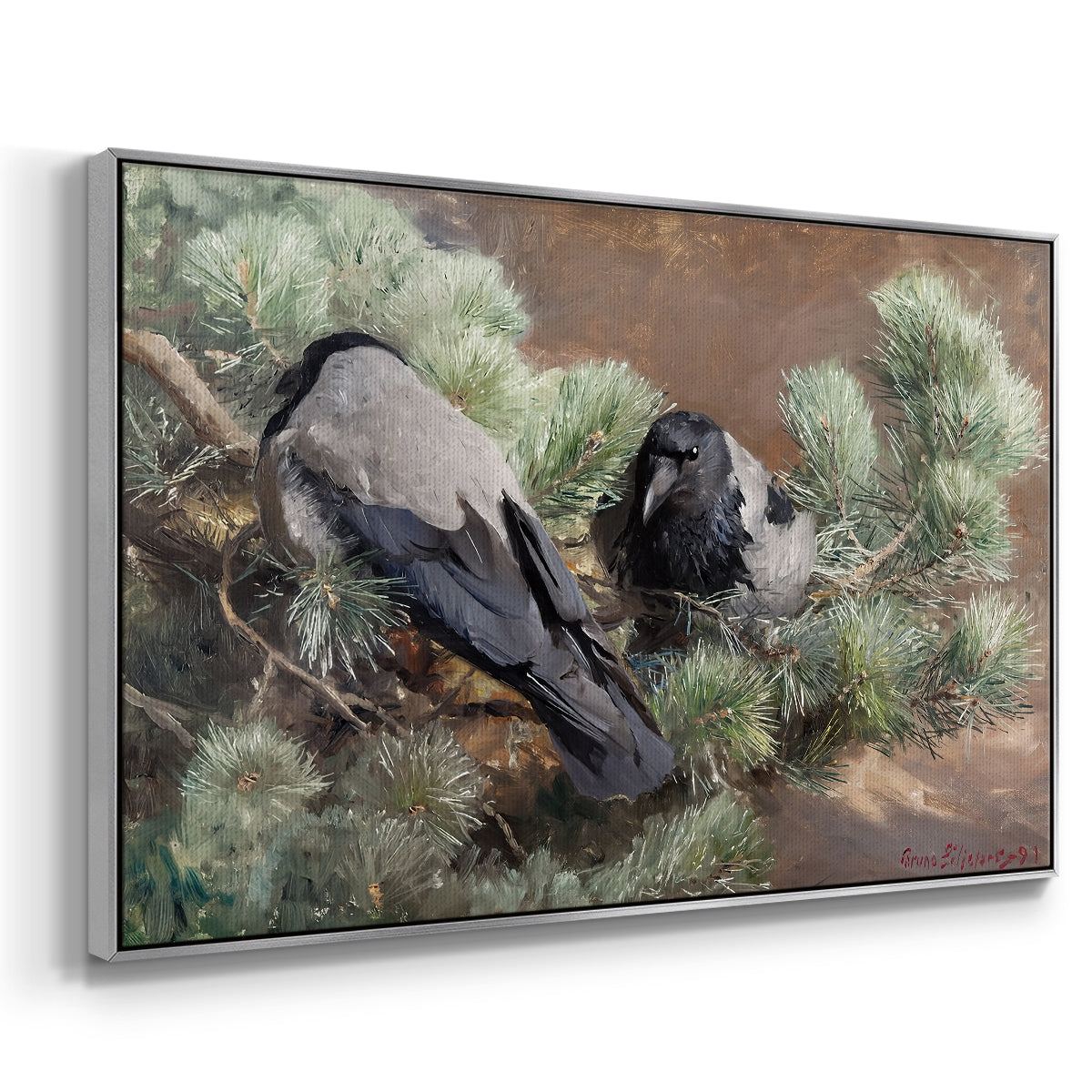 Angled view of Hooded Crows (Kråkor), 1891 by Bruno Liljefors in a silver floater framed canvas.