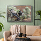 Silver floater framed canvas featuring a wildlife painting of dark birds against muted landscape, displayed above a sofa in a modern living room.