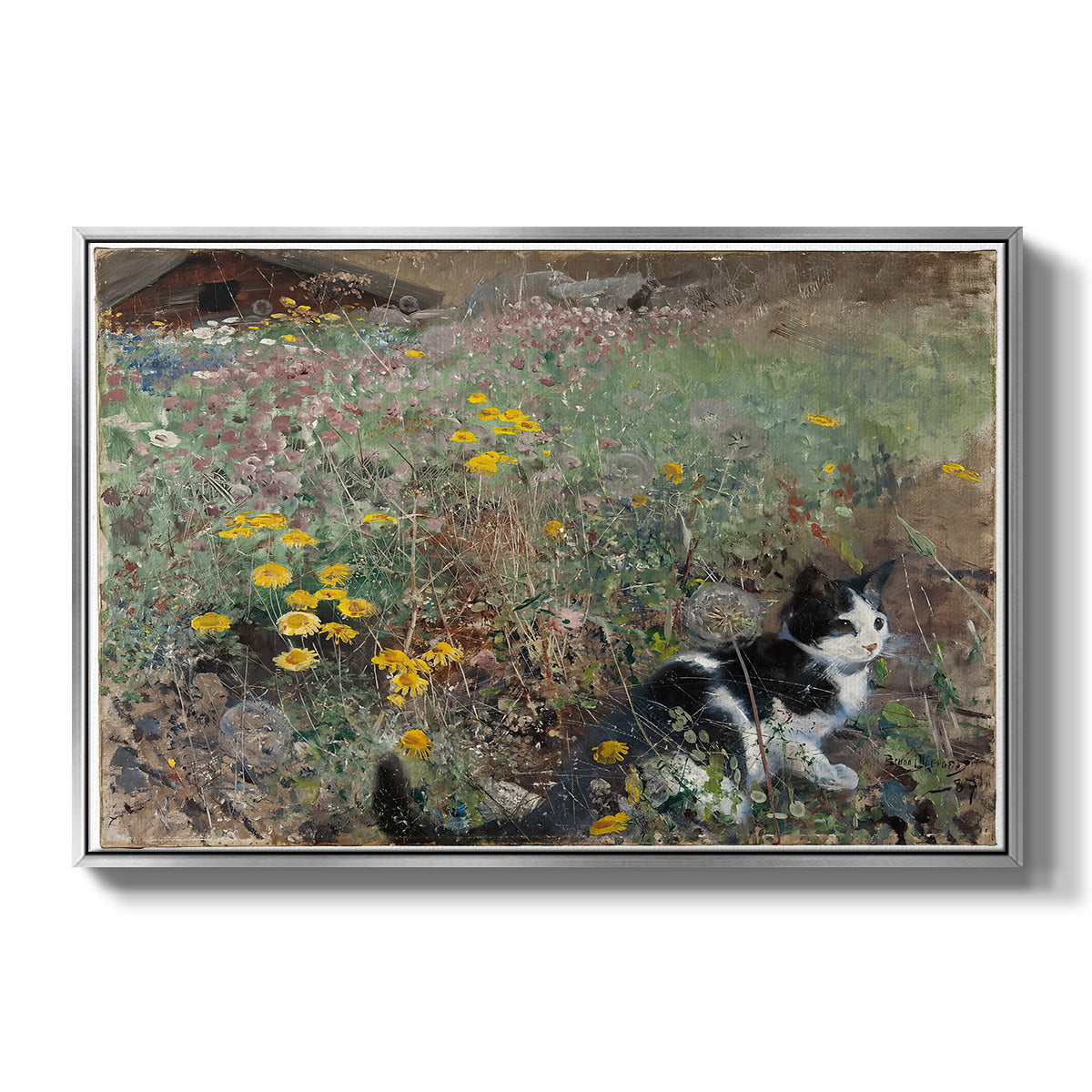 Cat on a Flowery Meadow, 1887 by Bruno Liljefors in a silver floater framed canvas wall art display.