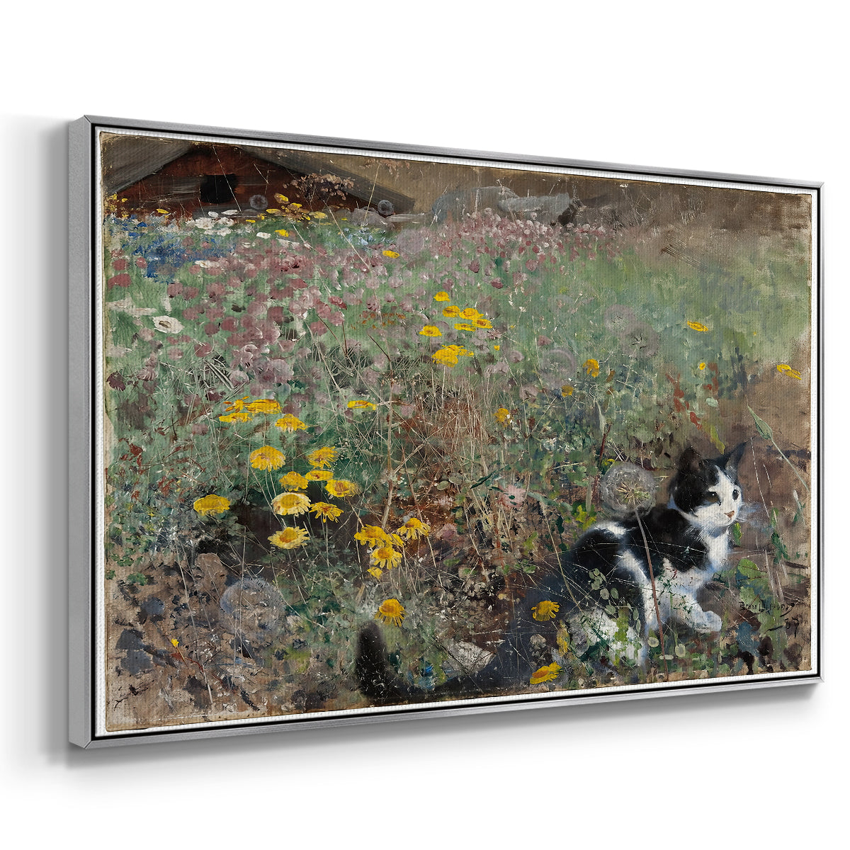 Angled view of Cat on a Flowery Meadow, 1887 by Bruno Liljefors in a silver floater framed canvas.