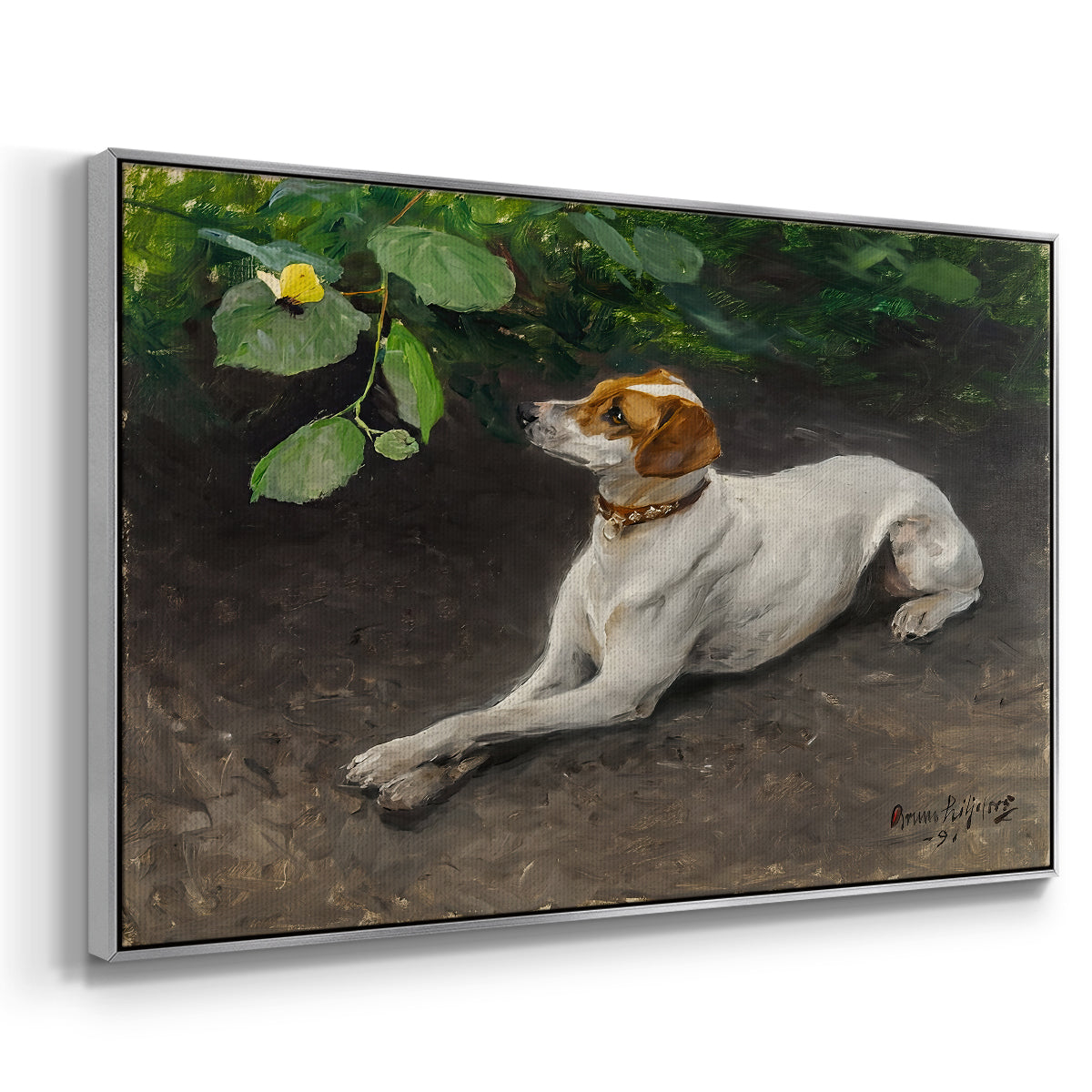 Angled view of Portrait of a Dog, 1891 by Bruno Liljefors in a silver floater framed canvas.