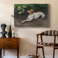 Portrait of a Dog, 1891 by Bruno Liljefors as a silver floater framed canvas featuring an animal painting of dog stretched out on earthy terrain, styled above a mid-century console in a contemporary living area.