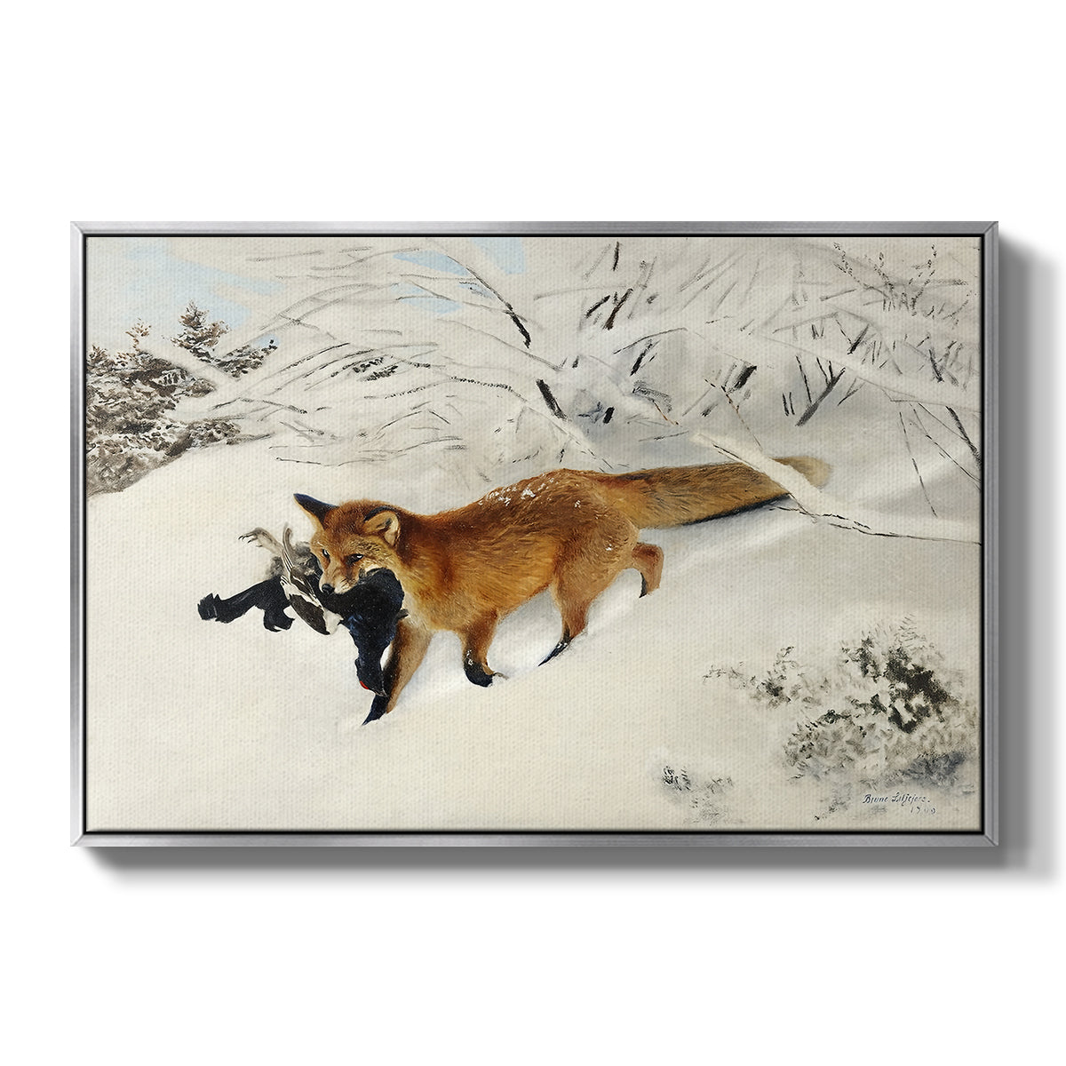 Fox in Snow Landscape, 1900 by Bruno Liljefors in a silver floater framed canvas wall art display.