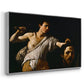Angled view of David with the Head of Goliath (Vienna Version), c. 1607 by Caravaggio in a silver floater framed canvas.