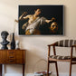 David with the Head of Goliath (Vienna Version), c. 1607 by Caravaggio as a silver floater framed canvas featuring a Baroque depiction of youth holding severed head in shadowy setting, styled above a mid-century console in a contemporary living area.
