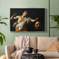 Silver floater framed canvas featuring an intense religious scene with figure emerging from darkness holding trophy, displayed above a sofa in a modern living room.