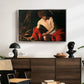 Saint John the Baptist in the Wilderness, c. 1603-1604 by Caravaggio displayed in a silver floater framed canvas above a dark wood credenza in an entryway.