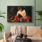 Silver floater framed canvas featuring a contemplative religious figure in rustic wilderness environment, displayed above a sofa in a modern living room.