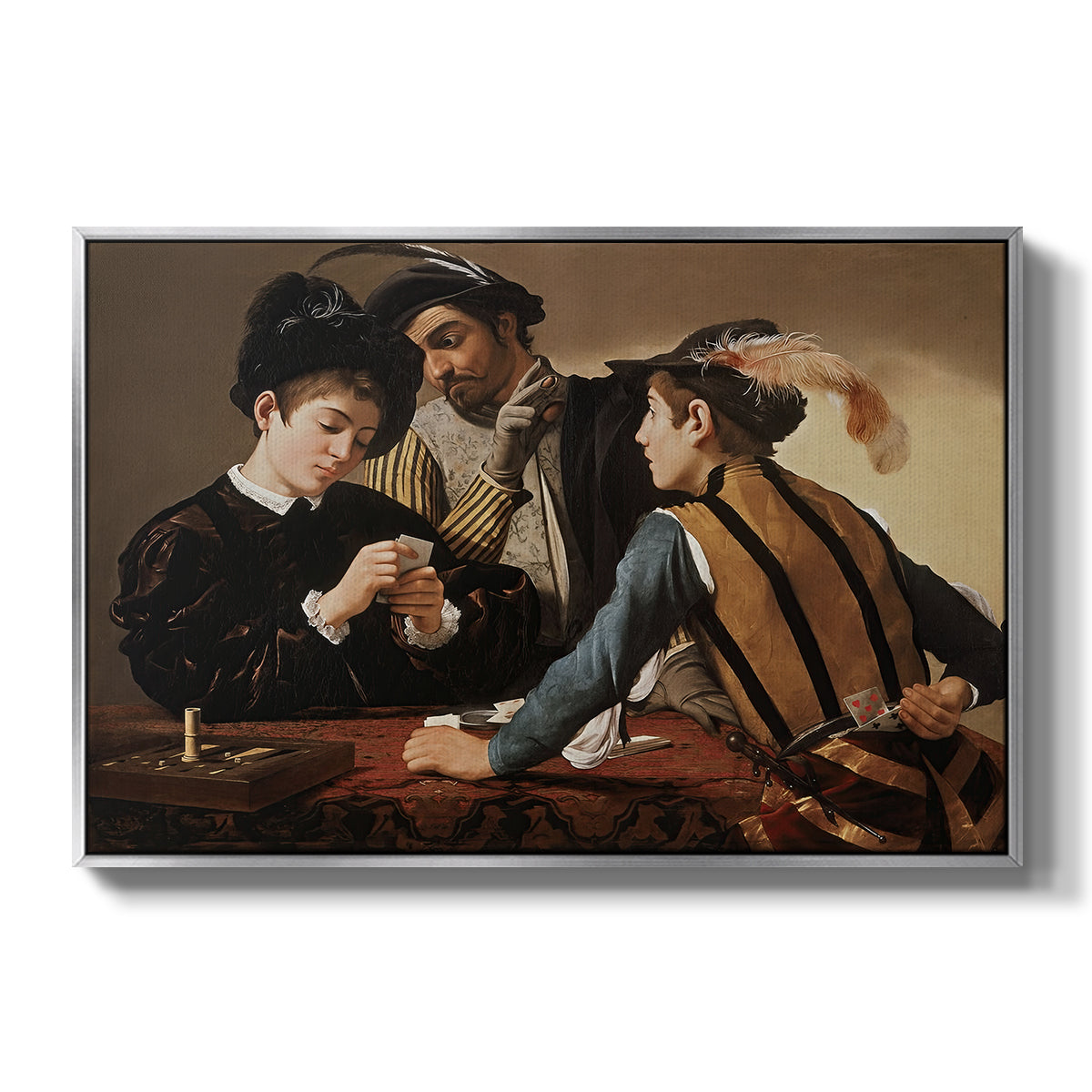 The Cardsharps, c. 1594 by Caravaggio in a silver floater framed canvas wall art display.