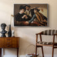 The Cardsharps, c. 1594 by Caravaggio as a silver floater framed canvas featuring a young men playing cards with one cheating and another watching closely, styled above a mid-century console in a contemporary living area.