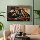 Silver floater framed canvas featuring a dramatic interior scene of gambling and trickery among figures, displayed above a sofa in a modern living room.