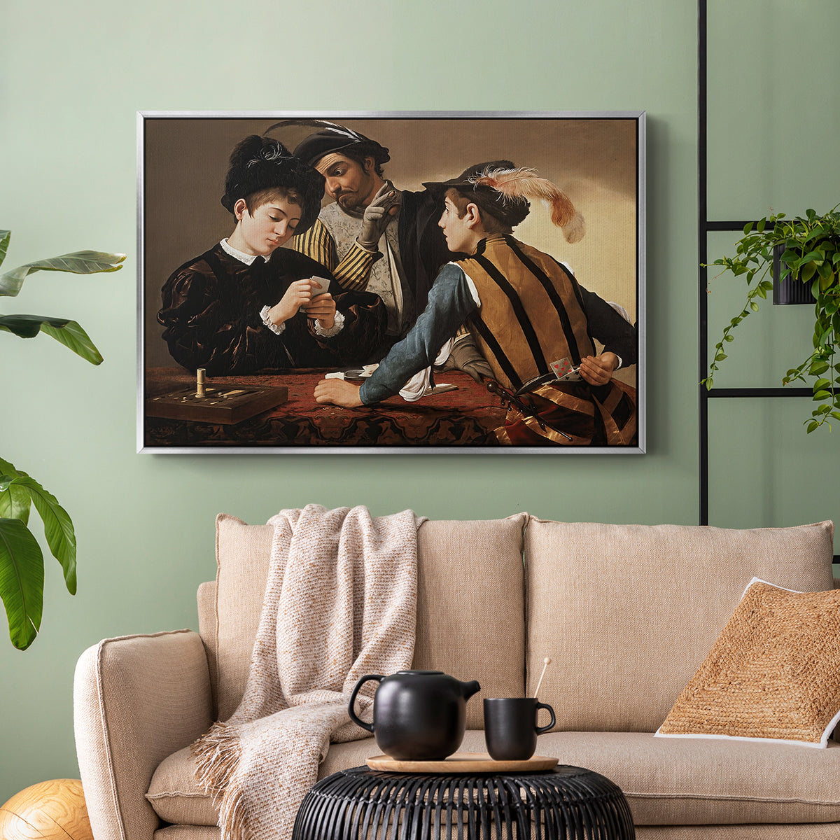 Silver floater framed canvas featuring a dramatic interior scene of gambling and trickery among figures, displayed above a sofa in a modern living room.