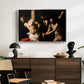 The Flagellation of Christ at the Column (Rouen Version), 1606 by Caravaggio displayed in a silver floater framed canvas above a dark wood credenza in an entryway.