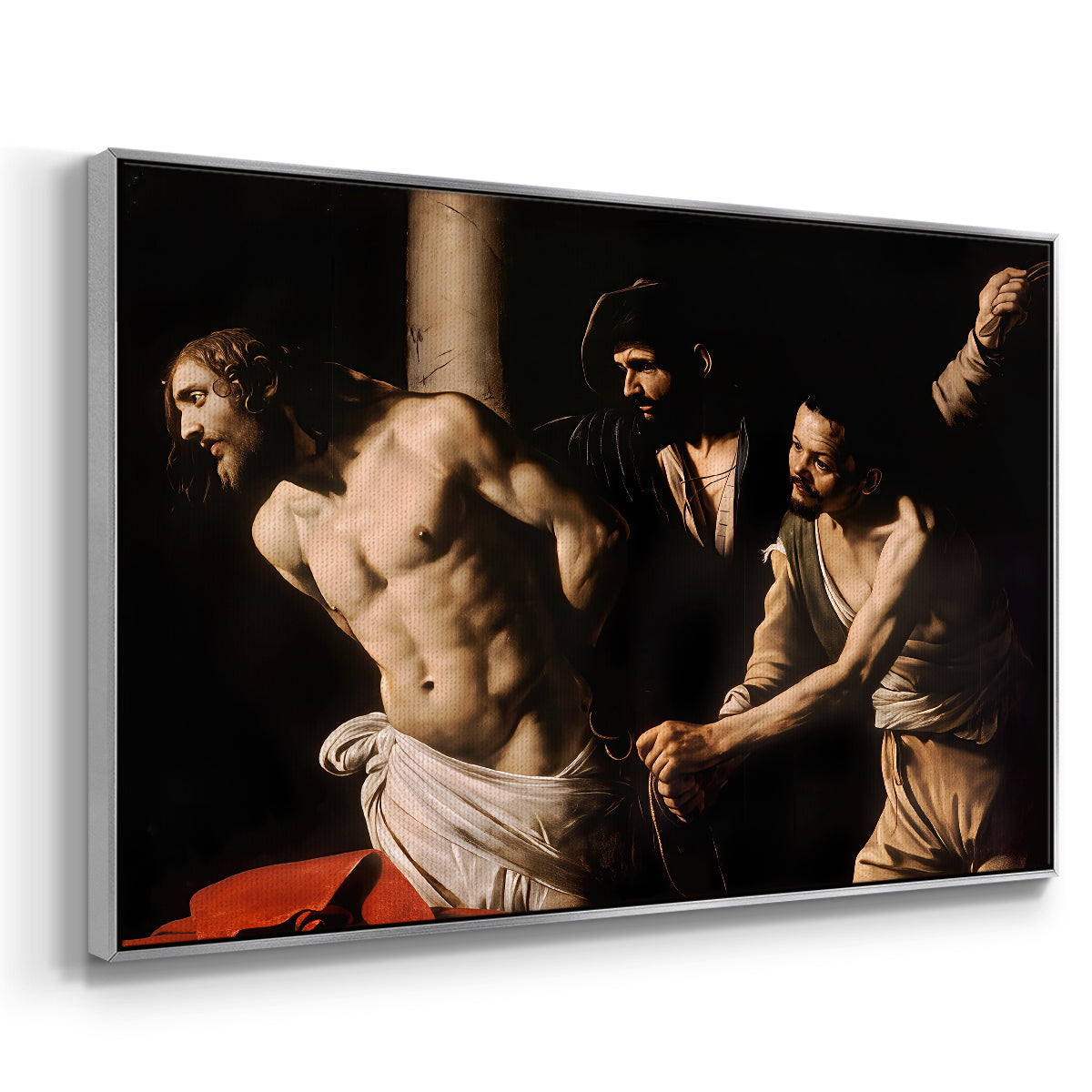 Angled view of The Flagellation of Christ at the Column (Rouen Version), 1606 by Caravaggio in a silver floater framed canvas.