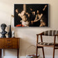 The Flagellation of Christ at the Column (Rouen Version), 1606 by Caravaggio as a silver floater framed canvas featuring a biblical depiction of men whipping Christ tied to pillar, styled above a mid-century console in a contemporary living area.