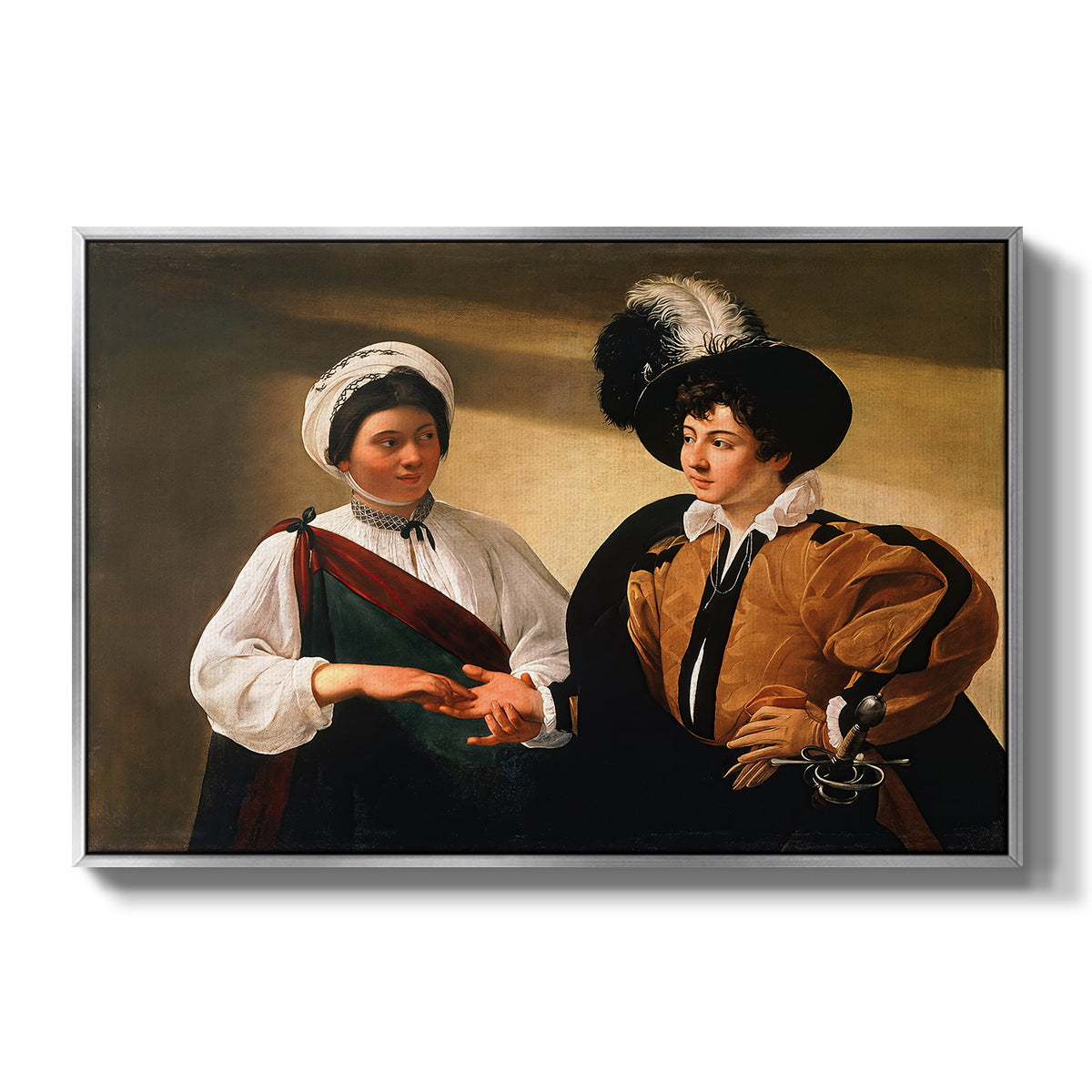 The Fortune Teller (Louvre Version), c. 1595 by Caravaggio in a silver floater framed canvas wall art display.