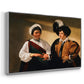 Angled view of The Fortune Teller (Louvre Version), c. 1595 by Caravaggio in a silver floater framed canvas.