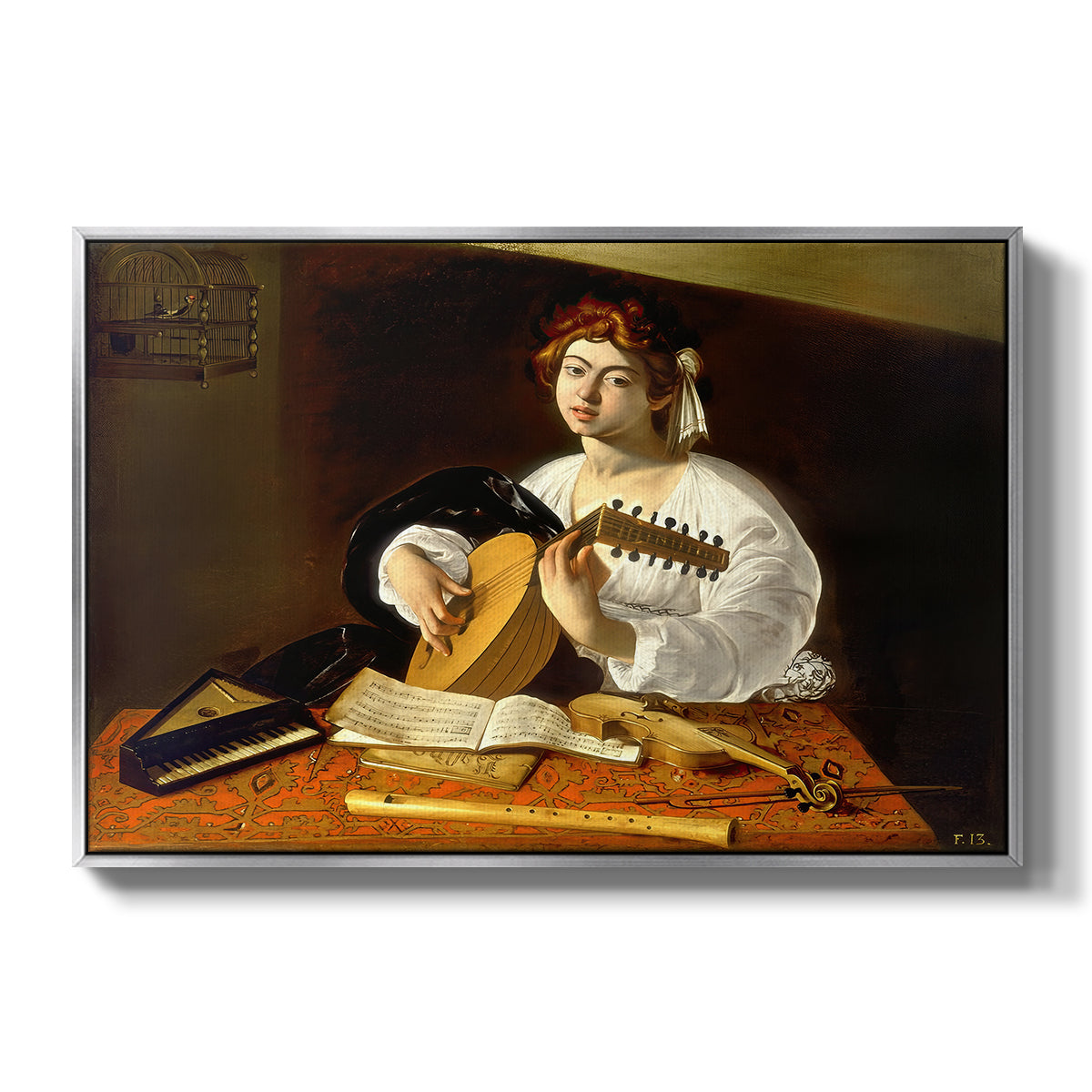 The Lute Player (Wildenstein Version), c. 1596 by Caravaggio in a silver floater framed canvas wall art display.