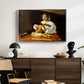 The Lute Player (Wildenstein Version), c. 1596 by Caravaggio displayed in a silver floater framed canvas above a dark wood credenza in an entryway.