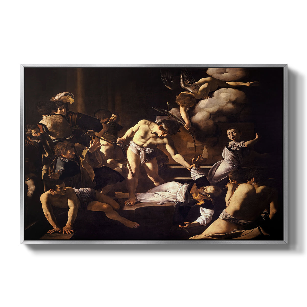 The Martyrdom of Saint Matthew, 1599-1600 by Caravaggio in a silver floater framed canvas wall art display.